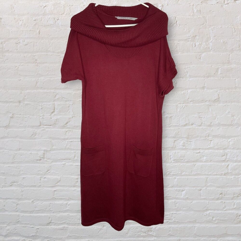 Athleta XL Zuni‎ Cowl Neck Short Sleeve Pockets Sweater Dress Burgundy Leisure